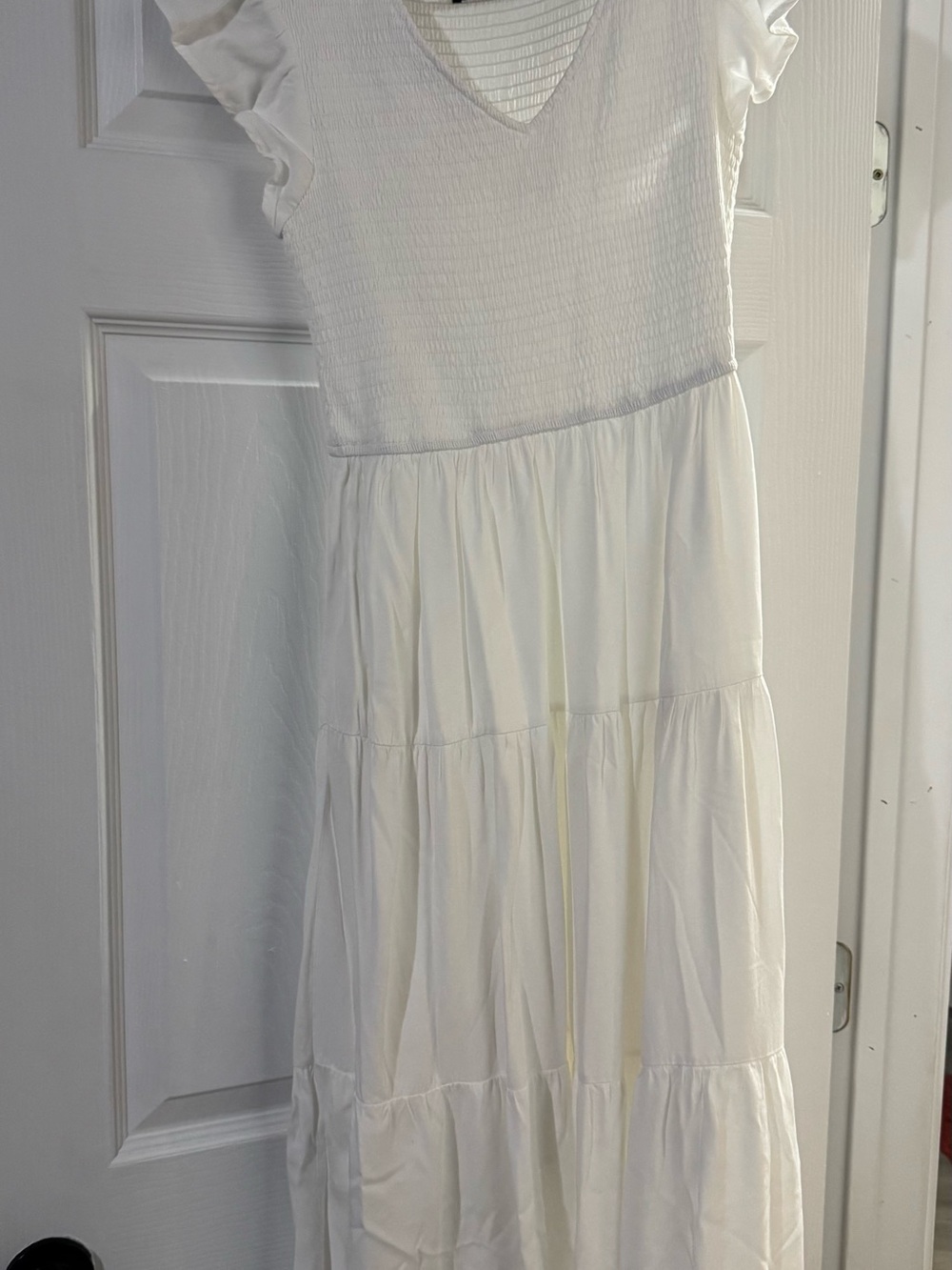 White Tiered V-Neck Midi maternity Dress